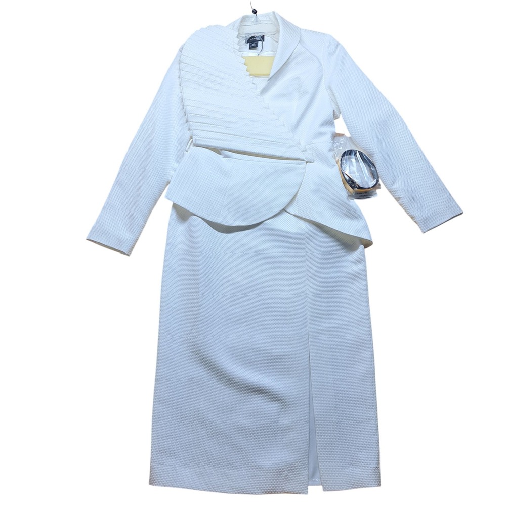 NWT Ashro Church SkirtSuit Women 10 White Pleated Peplum Front Slit Textured Set